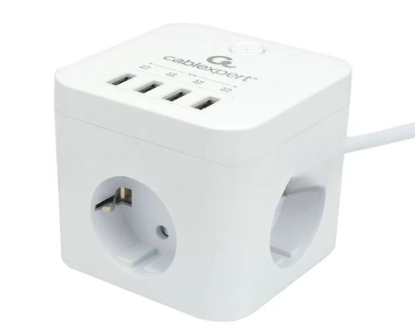 Сетевой фильтр Cablexpert Cube CUBE-3-U4-W-1.5, 3 р, 10А, 4хUSB, 1.5 м, ур.защиты 4+, белый, коробка