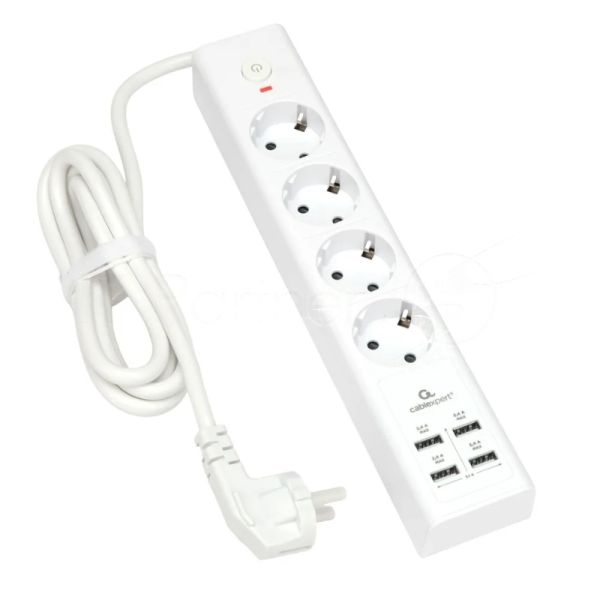 Сетевой фильтр Cablexpert Exnovo EXN-4-U4-W-2, 4 р, 16А, 4хUSB, 3.4A, 2 м, ур.защиты 4+, белый, коробка