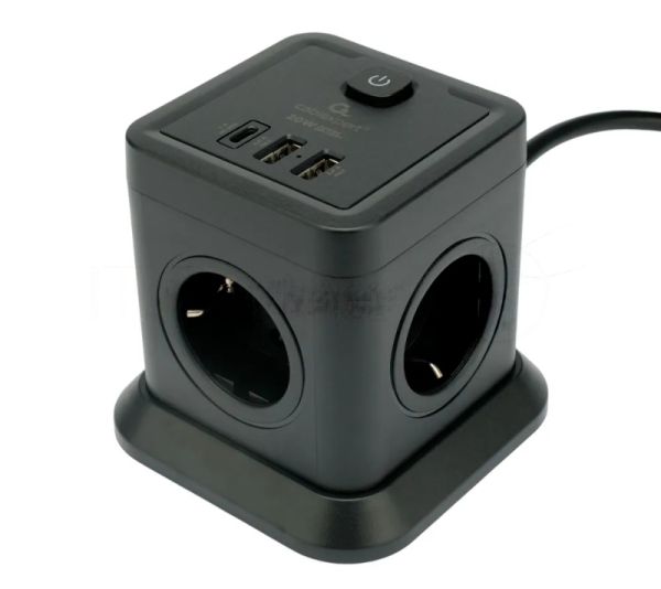Сетевой фильтр Cablexpert Tower TWR-4-CU2-B-2, 4 р, 10А, 1xType-C PD, 20Вт, 2хUSB, 2 м, ур.защиты 2+, черный, коробка