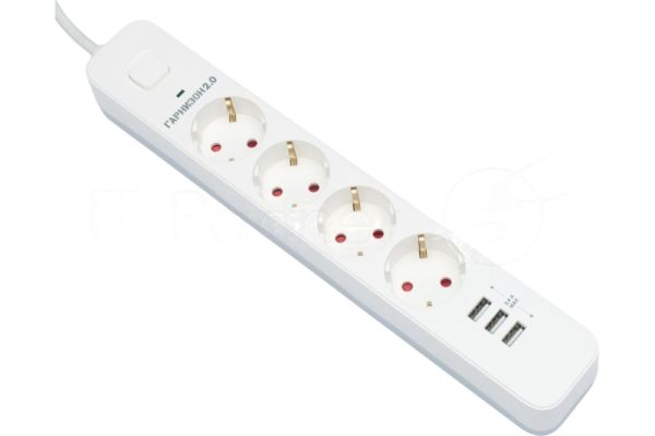 Сетевой фильтр Гарнизон 2.0 Мультипорт EPS-4-U3-W-2, 4 р, 10А, 3xUSB, 2 м, ур.защиты 2+, белый, пакет