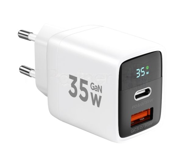 Сетевое зарядное устройство с дисплеем Cablexpert MP3A-PC-52, 35Вт GaN, QC3.0/PD3.0, 1хUSB, 1хType-C, белый, коробка