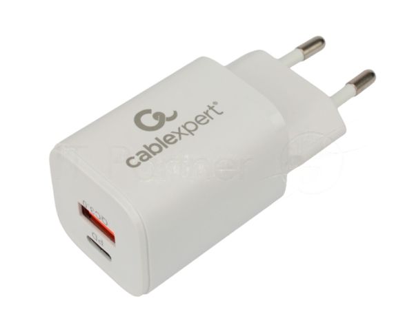 Сетевое зарядное устройство Cablexpert MP3A-PC-42, 30Вт, быстрая зарядка QC3.0/PD, 2 порта: USB и Type-C, белый, пакет