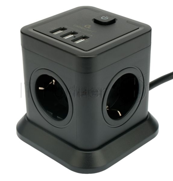 Сетевой фильтр Cablexpert Tower, TWR-4-U3-B-3, 4р, 10А, 3xUSB, 3.1А, 3 м, ур. защиты 2+, черный, коробка
