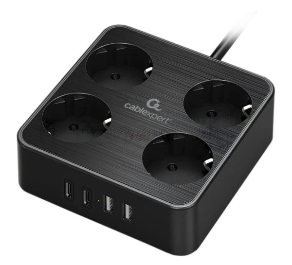 Сетевой фильтр Cablexpert Plate, PLT-4-C2U2-B-2, 4р, 10А, 2xType-C PD, 20Вт, 2xUSB, 2.4A, 2 м, ур. защиты 4+, черный, коробка
