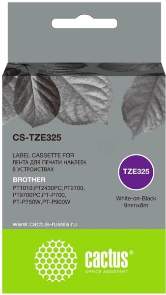 Картридж ленточный Cactus CS-TZE325 TZE-325 белый на черном 9x8 для Brother 1010/1280/1280VP/2700VP