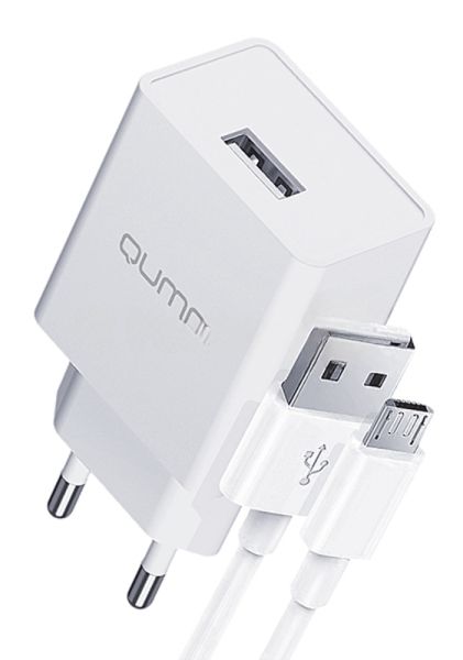 Сетевое зарядное устройство Qumo Energy light 10Вт, (модель 0103), порт: USB-A, + кабель PVC 1м. USB-A на MicroUSB, белый