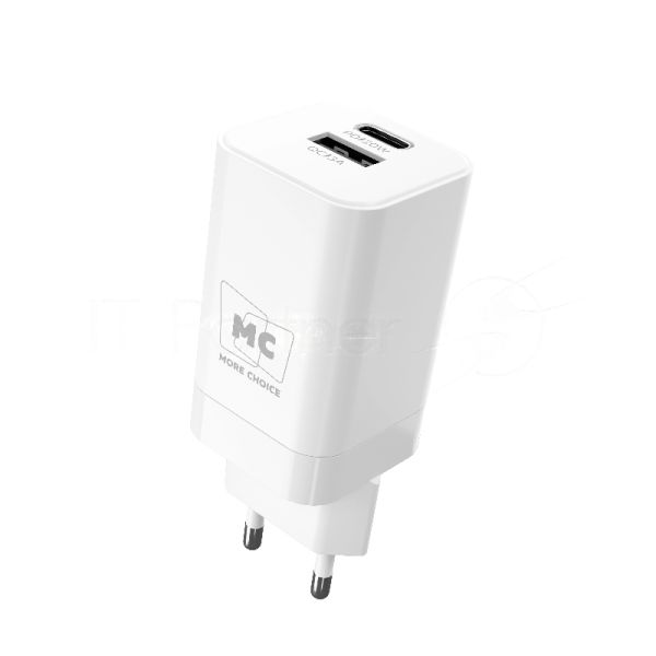 Сетевое зарядное устройство MORE CHOICE NC85 1USB+1Type-C 3.0A PD 20W+QC3.0, белый