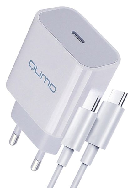 Сетевое зарядное устройство Qumo Energy light PD 20Вт, (модель 0105), USB Type-C PD, + кабель 1м. Type-C на Type-C, белый