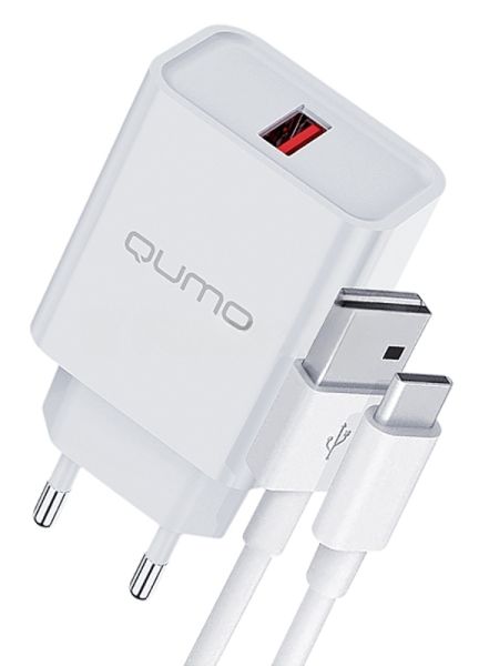 Сетевое зарядное устройство Qumo Energy light 18Вт, (модель 0107), порт: USB-A, + кабель 1м. USB-A на USB Type-C, белый