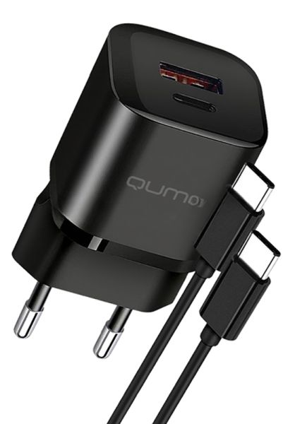 Сетевое зарядное устройство Qumo Energy PD 20Вт (модель 0109), Type-C PD + USB-A QC3.0,+ кабель 1м. Type-C на Type-C, черный
