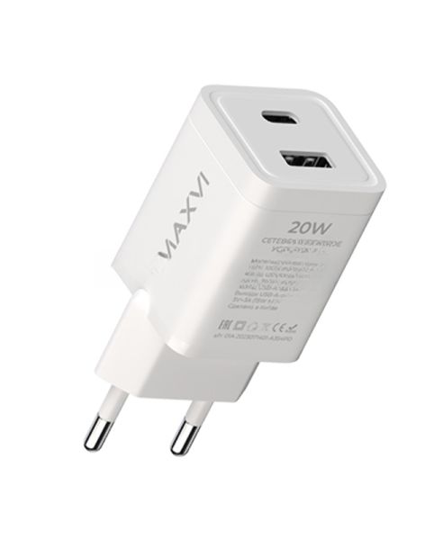 Сетевое зарядное устройство Maxvi A354PD Type-C 20W PD3.0 + USB 2.4A, белый