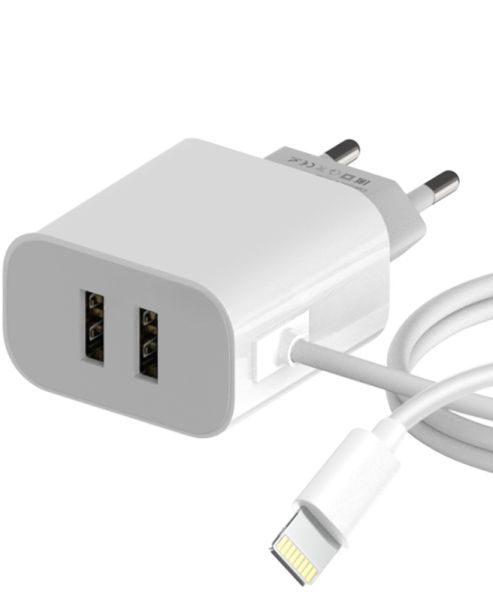 Сетевое зарядное устройство Maxvi CHL-242L 2хUSB 2.4A + литой кабель Lightning 1.2м, белый