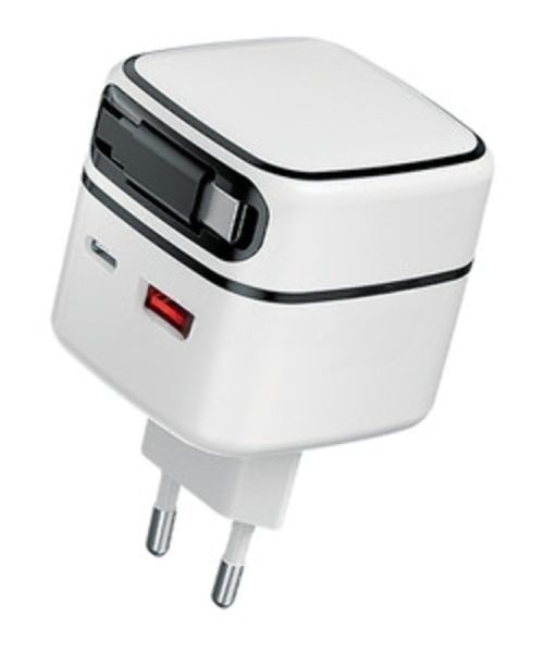 Сетевое зарядное устройство Qumo Energy PD 35Вт (Charger 0092), USB-A QC4 + 2 USB Type-C PD (один встр,кабель), цвет белый