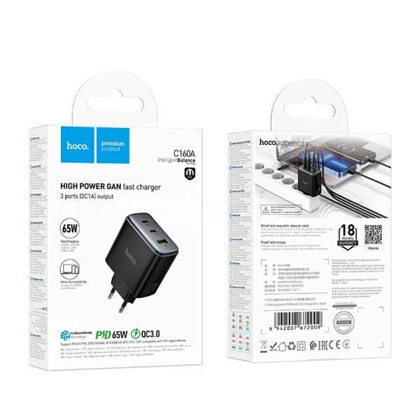 Зарядное устройство Hoco 65Вт, 3.25А, QC3.0/PD, 1xUSB, 2xType-C, C160A, черный, коробка