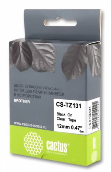Картридж ленточный Cactus CS-TZ131 черный 12мм, черный шрифт, прозрачный фон, 8м для Brother 1010/1280/1830VP/7600VP