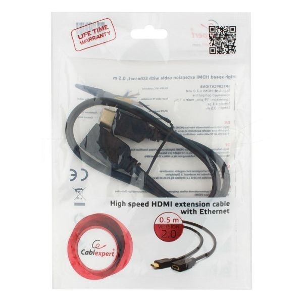 Кабель-удлинитель HDMI Cablexpert CC-HDMI4X-0.5M, 19M/19F, v2.0, позол.разъемы, экран, 0.5м, черный, пакет