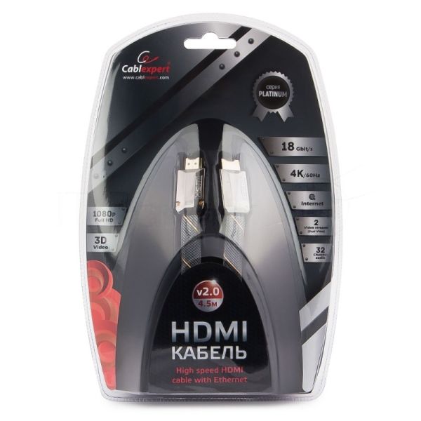 Кабель Cablexpert HDMI, серия Platinum, 4,5 м, v2.0, M/M, плоский, позол.разъемы, металлический корпус, нейлоновая оплетка, блистер