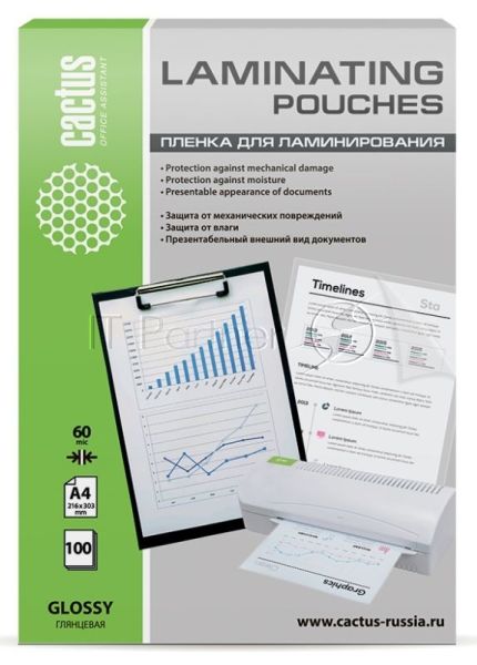 Пленка для ламинирования Cactus 60мкм A4 (100 шт) глянцевая 216x303 мм CS-LPGA460100