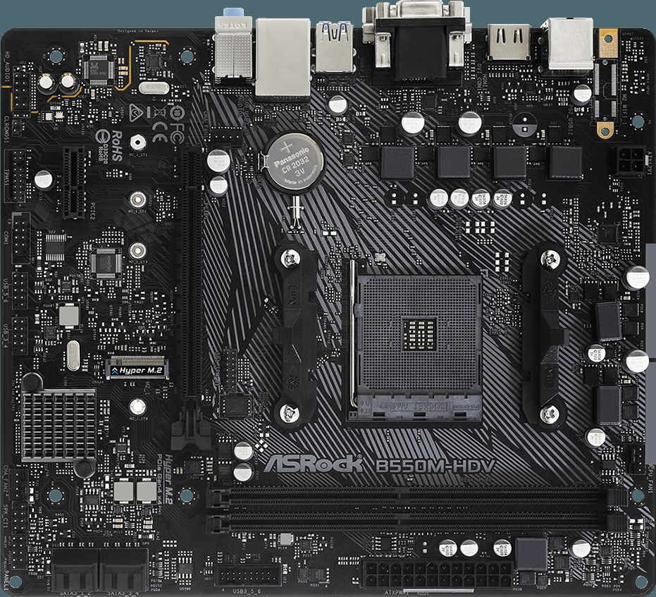 Материнская плата ASRock B550M-HDV, AM4, AMD B550, 2xDDR4, 4xSATA, 1xM.2, 1xPCIe 4.0 x16, 1xDVI-D, 1xHDMI, 1xVGA, 1x 1Gb LAN, 3x3.5 мм, 7.1, mATX