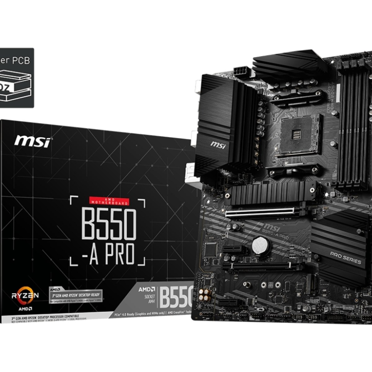 Материнская плата MSI B550-A PRO, AM4, AMD B550, 4xDDR4, 6xSATA, 2xM.2, 1xPCI-E 4.0 x16, 1xPCI-E 3.0 x16, 2xPCI-E x1, 1xHDMI, 1xDP, 1x 1Gb LAN, 4xUSB-A 2.0, 2xUSB-A 3.2 Gen 1, 1xUSB-A 3.2 Gen 2, 1xUSB-C 3.2 Gen 2, 6x3.5 мм, 7.1, ATX
