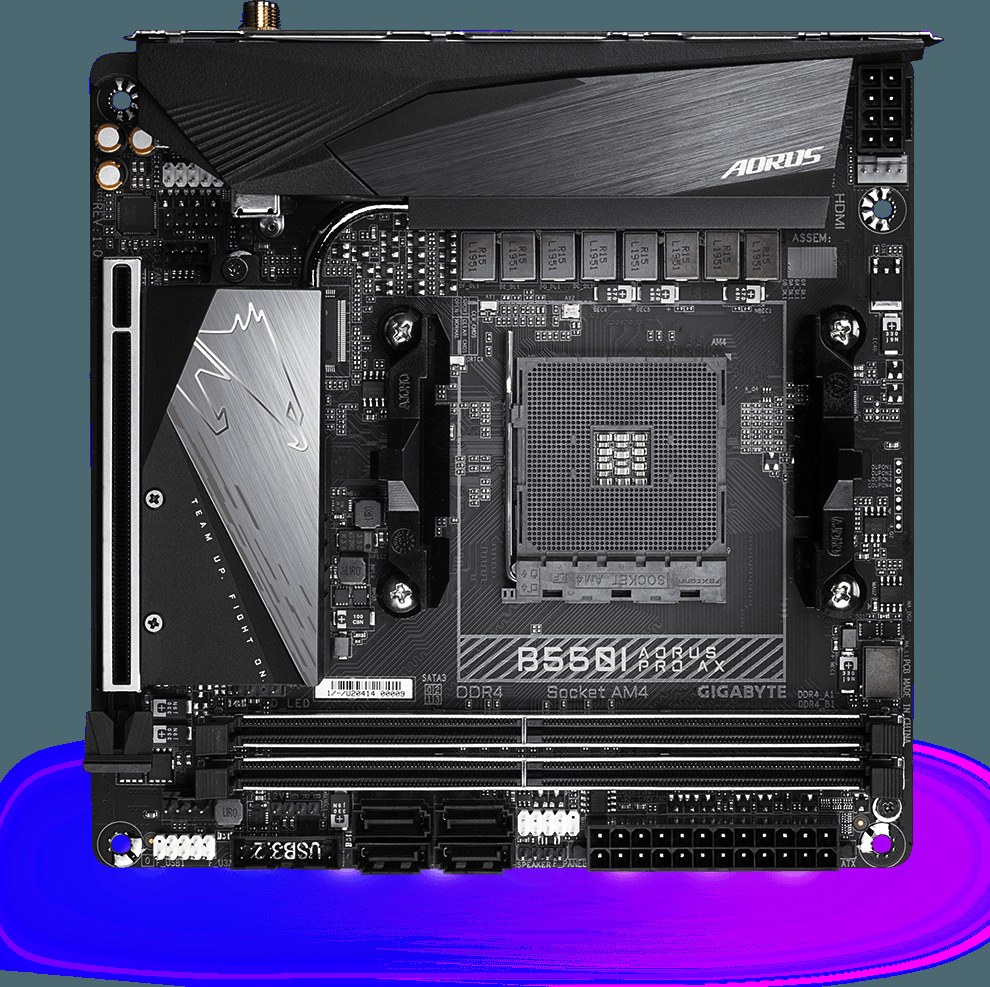 Материнская плата Gigabyte B550I AORUS PRO AX, AM4, AMD B550, 2xDDR4, 4xSATA, 2xM.2, 1xPCIe 4.0 x16, 2xHDMI, 1xDP, 1x 2.5Gb LAN, 1xUSB-C 3.2 Gen 2, 4xUSB-A 3.2 Gen 1, 3x3.5 мм, 7.1, Mini-ITX