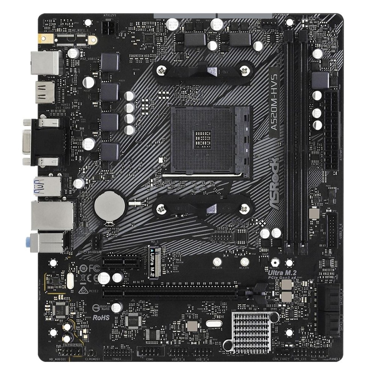 Материнская плата ASRock A520M-HVS, AM4, AMD A520, 2xDDR4, 4xSATA, 1xM.2, 1xPCIe 3.0 x16, 1xPCIe 3.0 x1, 1xHDMI, 1xVGA, 1x 1Gb LAN, 3x3.5 мм, 7.1, mATX