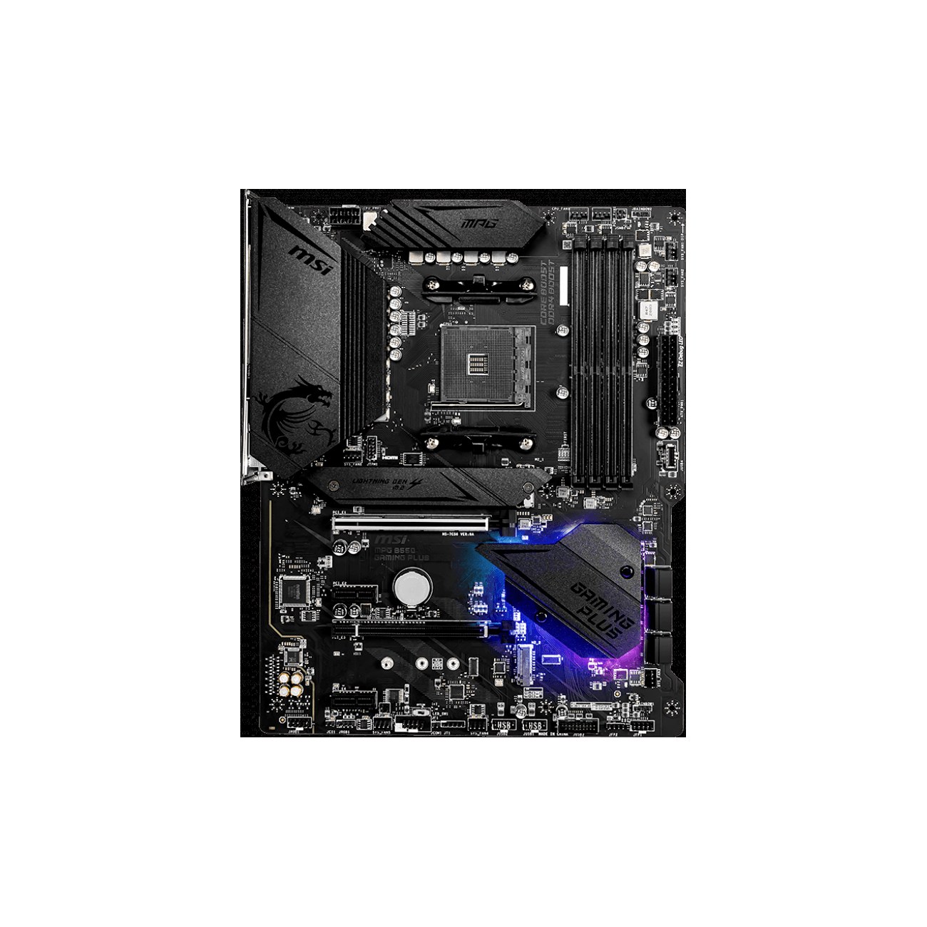 Материнская плата MSI MPG B550 GAMING PLUS, AM4, AMD B550, 4xDDR4, 6xSATA, 2xM.2, 1xPCI-E 4.0 x16, 1xPCI-E 3.0 x4, 2xPCI-E x1, 1xHDMI, 1xDP, 1x 1Gb LAN, 4xUSB-A 2.0, 2xUSB-A 3.2 Gen 1, 1xUSB-A 3.2 Gen 2, 1xUSB-C 3.2 Gen 2, 5x3.5 мм, 7.1, ATX