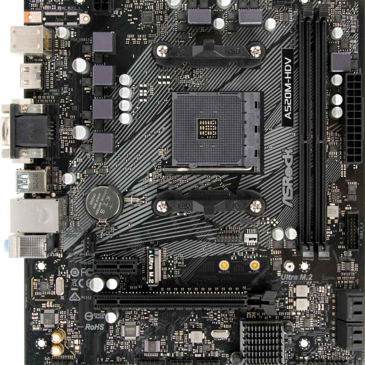 Материнская плата ASRock A520M-HDV, AMD A520, 2x1x M.2 , 1x PCI-E x16, 1x PCI-E x1, 1x D-Sub есть, 1x HDMI есть, 1x DVI есть, 1x DP нет, 1x 1Gb LAN Wi-Fi нет, BT нет, 2x USB 2.0, 2x USB 3.2 Gen1, 7.1, microATX