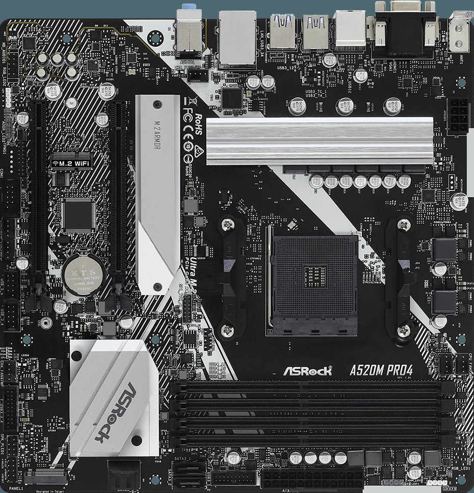 Материнская плата ASRock A520M Pro4, AM4, AMD A520, 4xDDR4, 4xSATA, 2xM.2, 1xPCI-E 3.0 x16, 1xPCI-E 3.0 x2, 1xHDMI, 1xVGA, 1x 1Gb LAN, 3x3.5 мм, 7.1, Micro-ATX