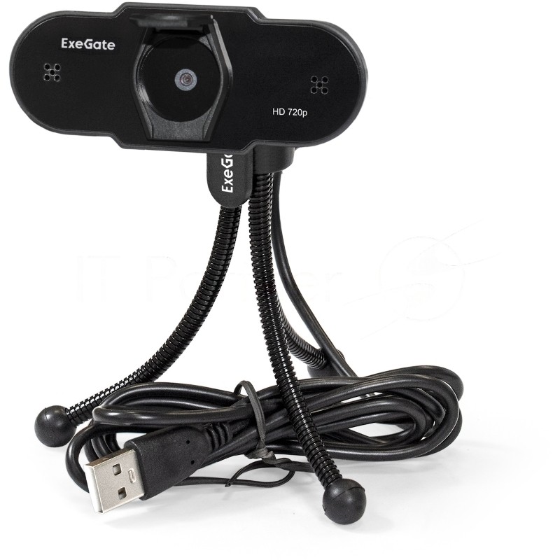 Веб-камера ExeGate BlackView C525 HD 1280x720, 30 кадр/с, USB Type-A, микрофон (шумоподавление), шторка приватности, универсальное крепление, штатив в комплекте