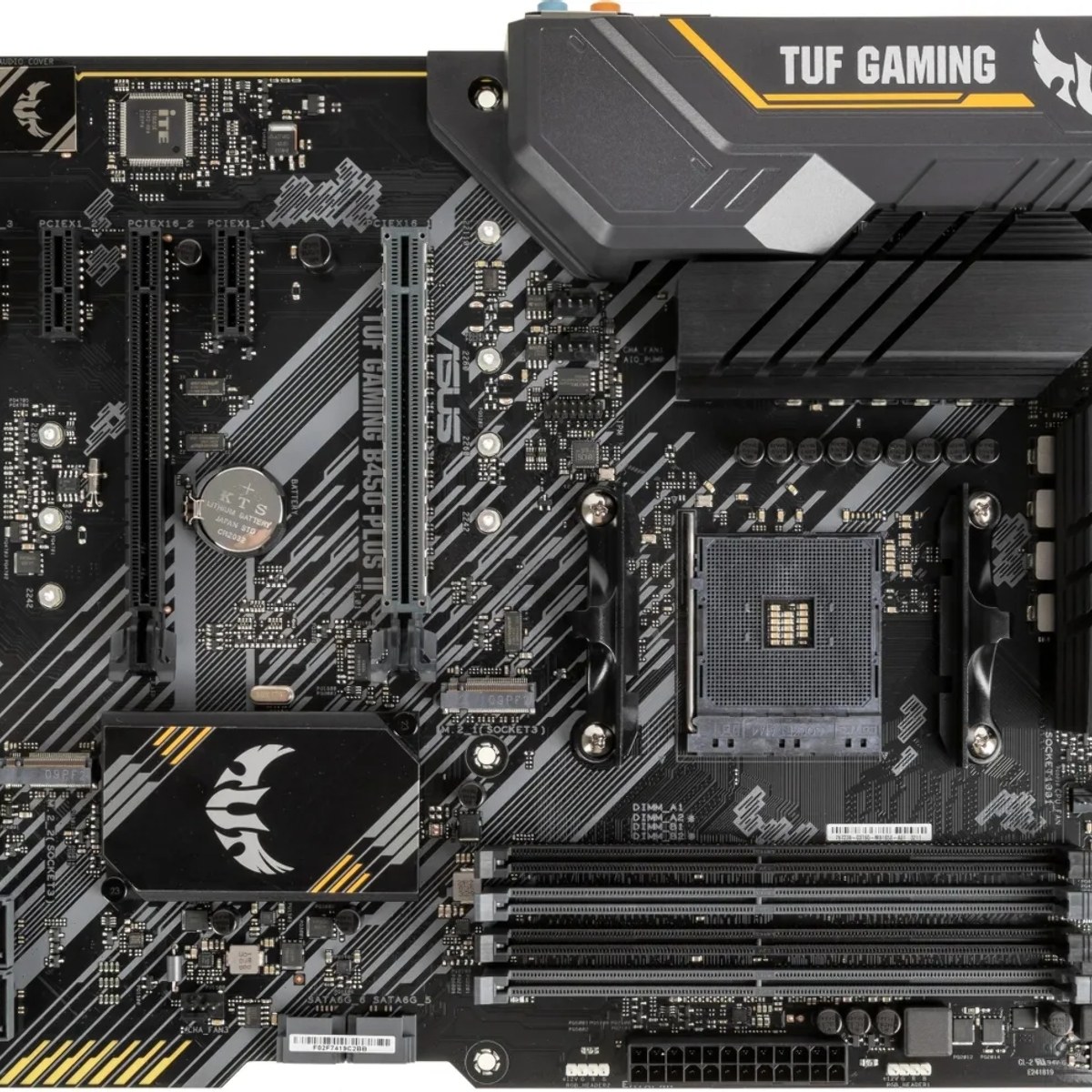 Материнская плата ASUS TUF GAMING B450-PLUS II, AM4, AMD B450, 4xDDR4, 6xSATA, 2xM.2, 1xPCI-E 3.0 x16, 1xPCI-E 2.0 x16, 3xPCI-E x1, 1xHDMI, 1xDP, 1x 1Gb LAN, 4xUSB 3.2 Gen 1, 1xUSB 3.2 Gen 2, 1xUSB-C 3.2 Gen 2, 5x3.5 мм, 7.1, ATX