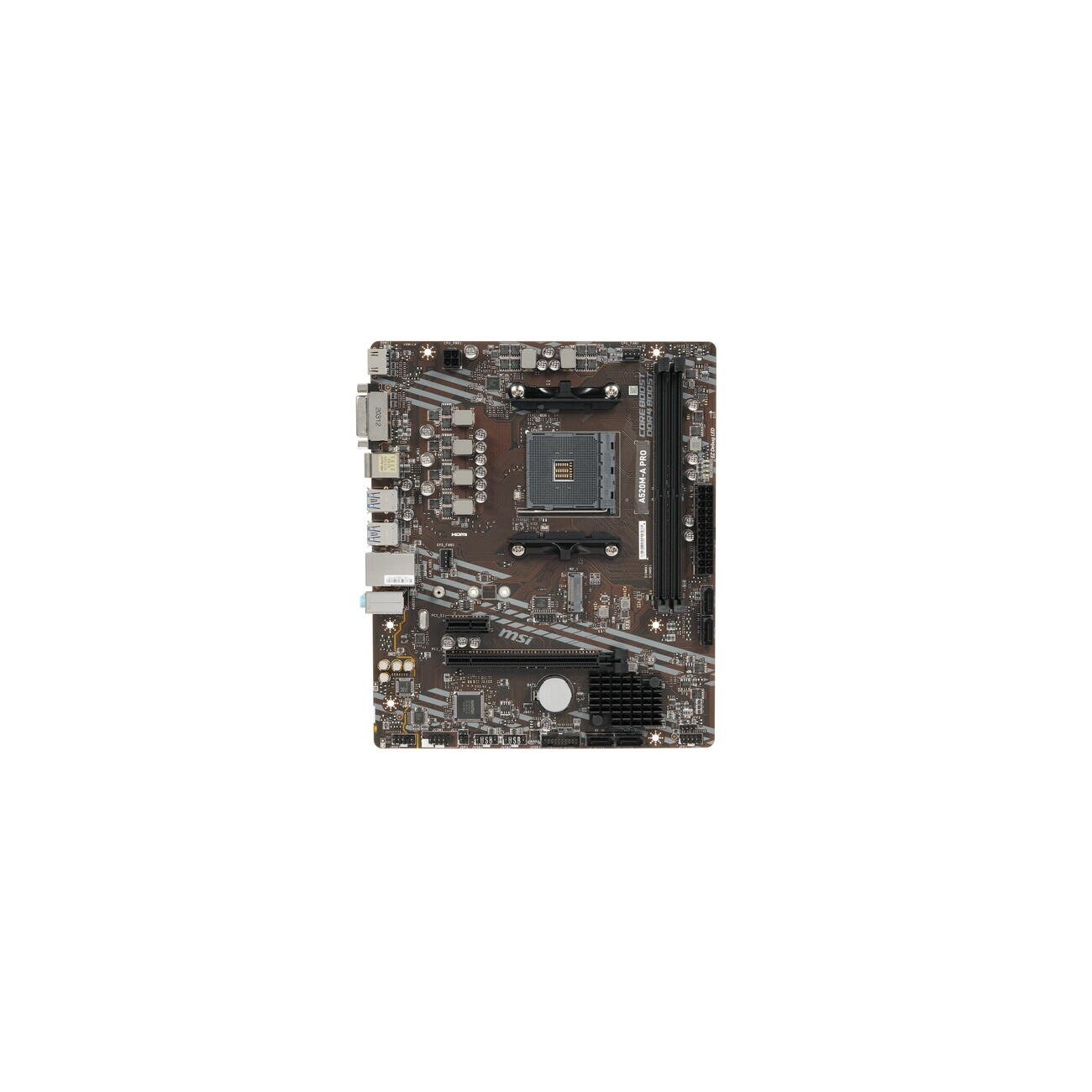 Материнская плата MSI A520M-A PRO, AM4, AMD A520, 2xDDR4, 4xSATA, 1xM.2, 1xPCIe 3.0 x16, 1xDVI-D, 1xHDMI, 1x 1Gb LAN, 2xUSB 2.0, 4xUSB 3.2 Gen 1, 3x3.5 мм, 7.1, mATX