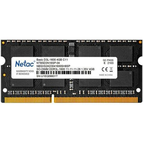 Оперативная память NETAC Basic, DDR3L, 4GB (1x4GB), 1600MHz, CL11, SO-DIMM