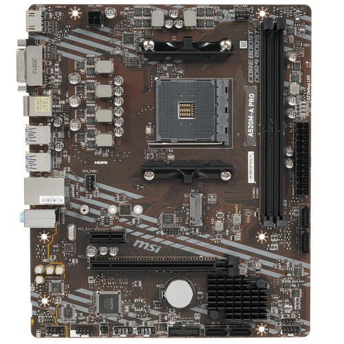 Материнская плата MSI A520M PRO, AM4, AMD A520, 2xDDR4, 4xSATA, 1xM.2, 1xPCIe 3.0 x16, 1xVGA, 1xDP, 1xHDMI, 1x 1Gb LAN, 2xUSB 2.0, 4xUSB 3.2 Gen 1, 3x3.5 мм, 7.1, mATX
