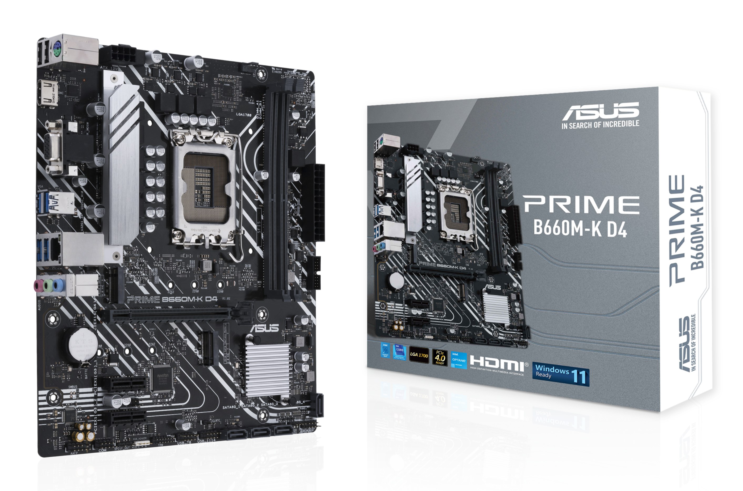 Материнская плата ASUS PRIME B660M-K D4, LGA1700, Intel B660, 2xDDR4, 4xSATA, 2xM.2, 1xPCIe 4.0 x16, 2xPCIe x1, HDMI, D-Sub, 1x1Gb LAN, 3x3.5 мм, 7.1, microATX