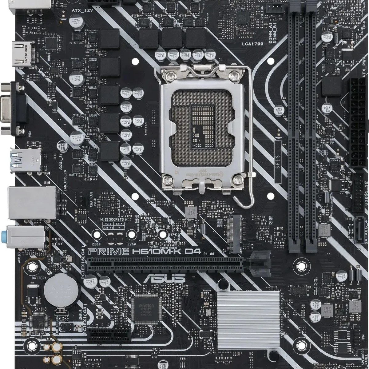 Материнская плата ASUS PRIME H610M-K D4, LGA 1700, Intel H610, 2xDDR4, 4xSATA, 1xM.2, 1xPCIe 4.0 x16, 1xPCI, 1xHDMI, 1xVGA, 1x 1Gb LAN, 2xUSB-A 2.0, 2xUSB-A 3.2 Gen 1, 3x3.5 мм, 7.1, mATX