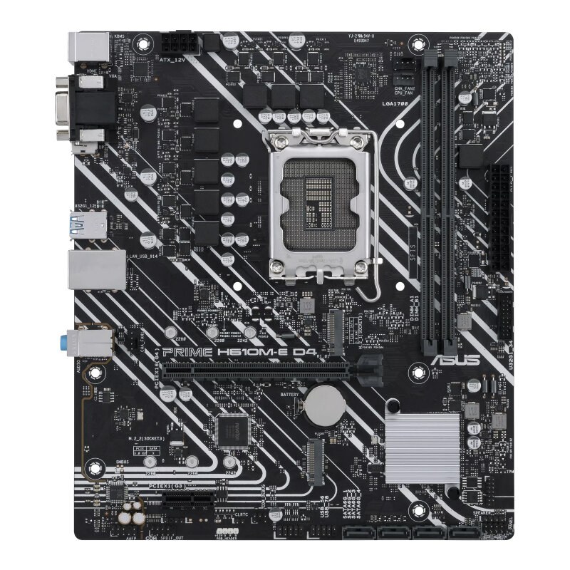 Материнская плата ASUS PRIME H610M-E D4-CSM, LGA1700, Intel H610, 2xDDR4, 4xSATA, 2xM.2, 1xPCIe 4.0 x16, 1xPCIe x1, DisplayPort, HDMI, D-Sub, 1x1Gb LAN, 3x3.5 мм, 7.1, microATX