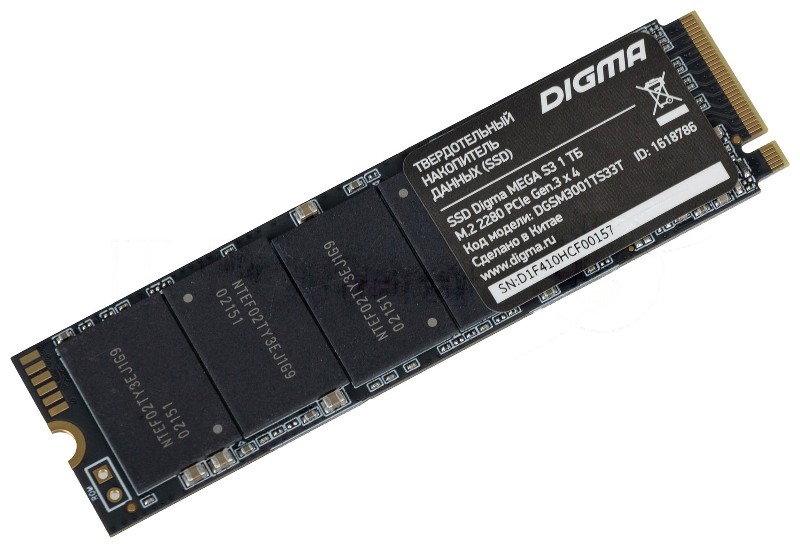 Накопитель SSD Digma Mega S3 DGSM3001TS33T, 1Tb, PCIe 3.0 x4, M.2 2280, NVMe, R/W 2130/1720