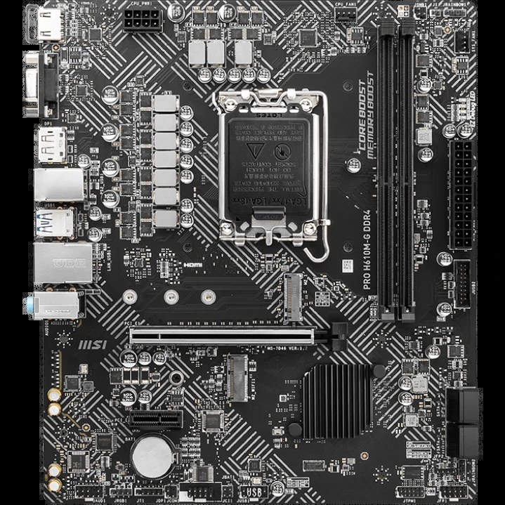 Материнская плата MSI PRO H610M-G DDR4, LGA 1700, Intel H610, 2xDDR4, 4xSATA, 1xM.2, 1xPCIe 4.0 x16, 1xPCIe 3.0 x1, 1xHDMI, 1xDP, 1xVGA, 1xRJ45 1Gb, 2xUSB-A 3.2 Gen 1, 4xUSB-A 2.0, 3x3.5мм, 7.1, mATX