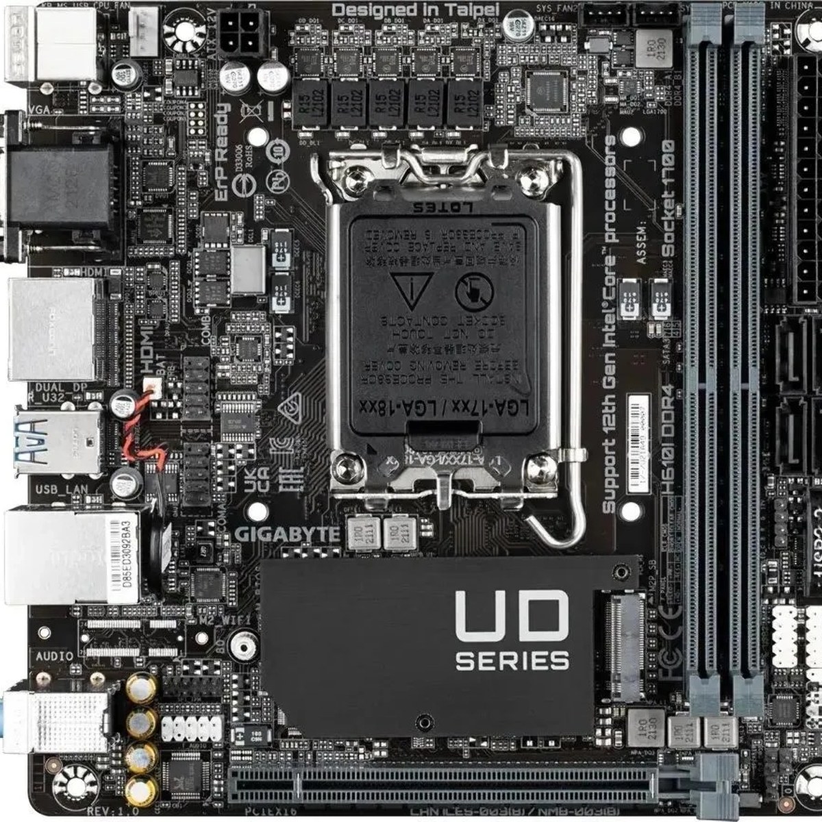 Материнская плата Gigabyte H610I DDR4, LGA 1700, Intel H610, 2xDDR4, 4xSATA, 1xM.2, 1xPCIe 4.0 x16, 1xHDMI, 1xVGA, 2xDP, 1x 1Gb LAN, 2xUSB-A 3.2 Gen 1, 4xUSB-A 2.0, 3x 3.5 мм, 7.1, Mini-ITX