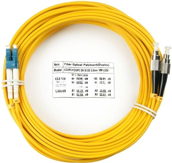 Патч-корд оптический Cabeus Tight Buffer, Duplex LC/FC, OS2 9/125, LSZH, 10м, Ø 3мм, чёрный хвостовик, жёлтый