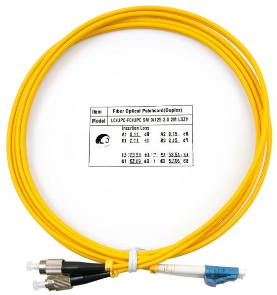 Патч-корд оптический Cabeus Tight Buffer, Duplex LC/FC, OS2 9/125, LSZH, 2м, Ø 3мм, черный хвостовик, желтый