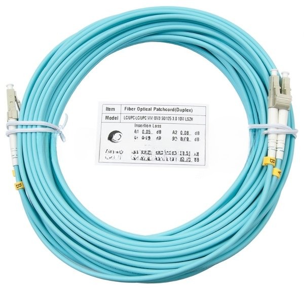 Шнур оптический Cabeus Tight Buffer, Duplex LC/LC, OM3 50/125, LSZH, 10м, d= 3мм, серый хвостовик, аква