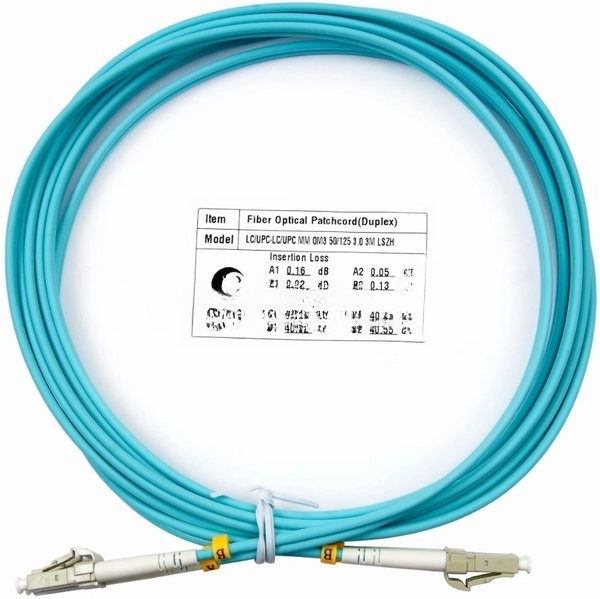 Комм. шнур оптический Cabeus Tight Buffer, Duplex LC/LC, OM3 50/125, LSZH, 3м, Ø 3мм, серый хвостовик, аква