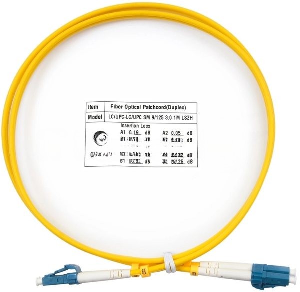 Патч-корд оптический Cabeus Tight Buffer, Duplex LC/LC, OS2 9/125, LSZH, 1м, Ø 3мм, синий хвостовик, желтый