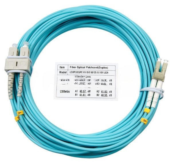 Патч-корд оптический Cabeus Tight Buffer, Duplex LC/SC, OM3 50/125, LSZH, 10м, Ø 3мм, серый хвостовик, бирюзовый