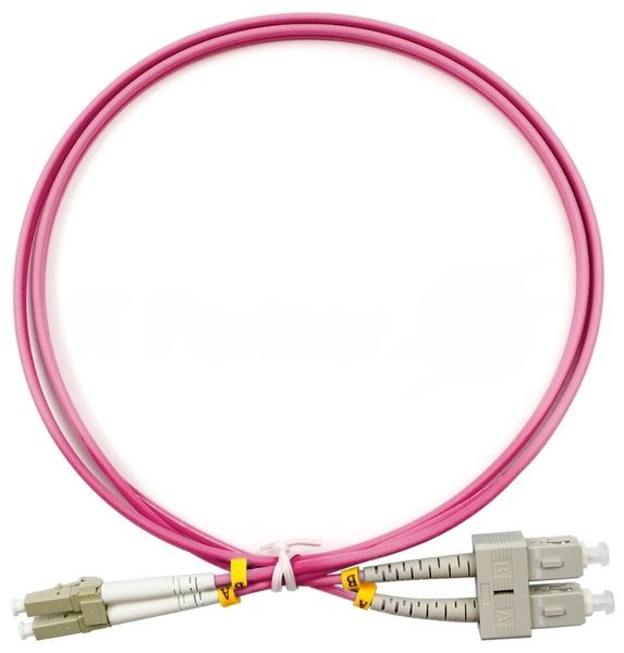 Патч-корд оптический Cabeus Tight Buffer, Duplex SC/LC (UPC/UPC), OM4 50/125, LSZH, 1м, Ø 3мм, серый хвостовик, маджента