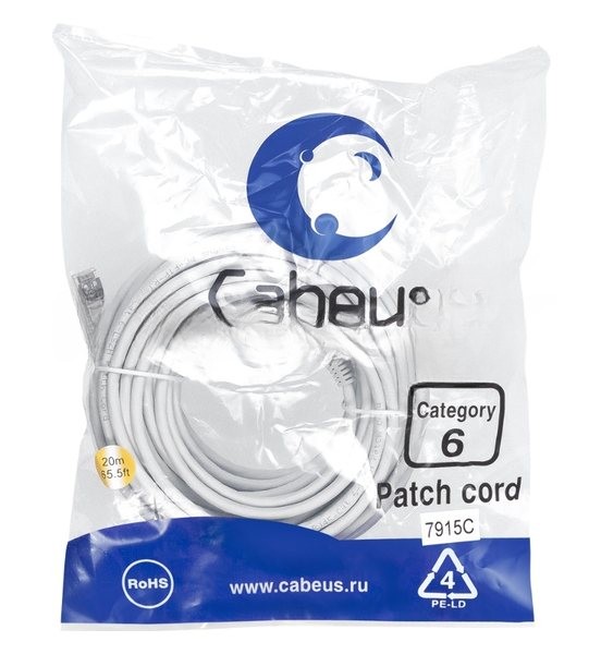 Патч-корд Cabeus PC-FTP-RJ45-Cat.6-20m-LSZH кат. 6, экр., F/UTP, RJ45/RJ45, LSZH, AWG24 20м, серый