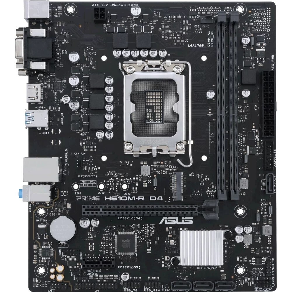 Материнская плата ASUS PRIME H610M-R D4-SI, LGA 1700, Intel H610, 2xDDR4, 4xSATA, 1xM.2 PCIe 3.0 x4, 1xPCIe 4.0 x16, 1xPCIe x1, 1xHDMI, 1xDVI, 1xVGA, 2xUSB-A 2.0, 2xUSB-A 3.2 Gen 1, 1x 1Gb LAN, 3x3.5 мм, 7.1, mATX