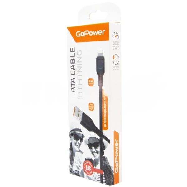 Кабель GoPower GP01L USB (m)-Lightning (m) 1.0м 2.4A ПВХ черный (1/800)